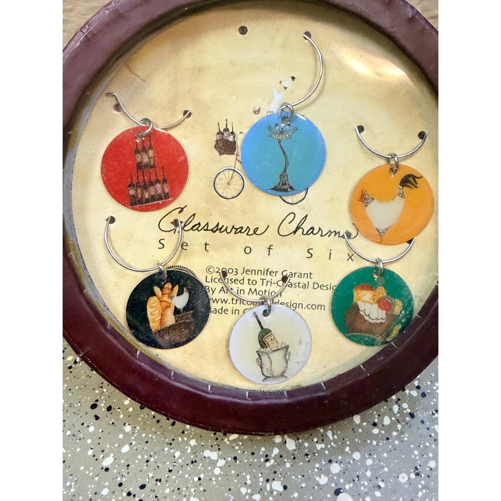 Jennifer Garant Glassware Wine Charms Set of 6 French Bistro Art 2003 Vintage